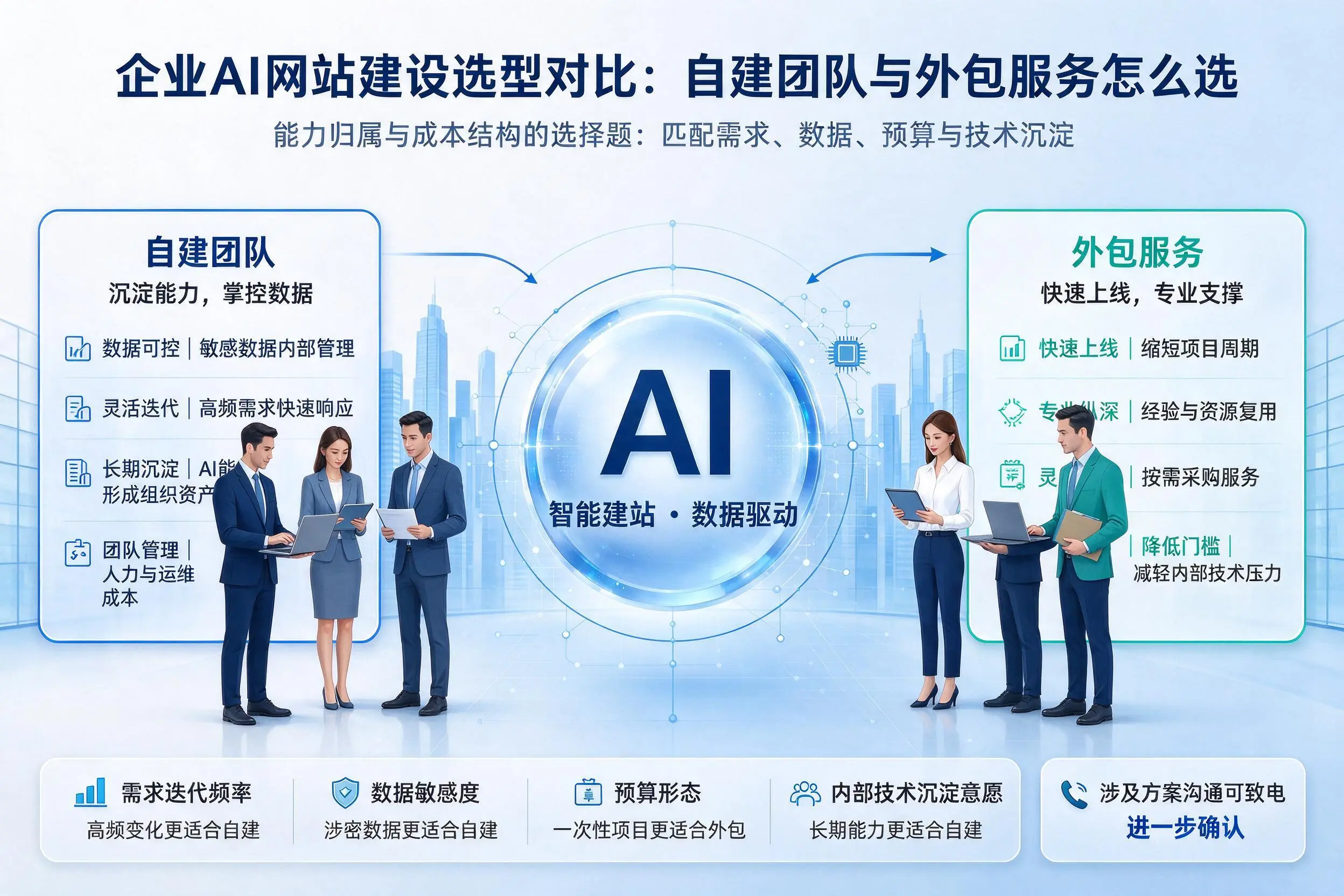 平凉企业AI网站建设选型对比:自建团队与外包服务怎么选